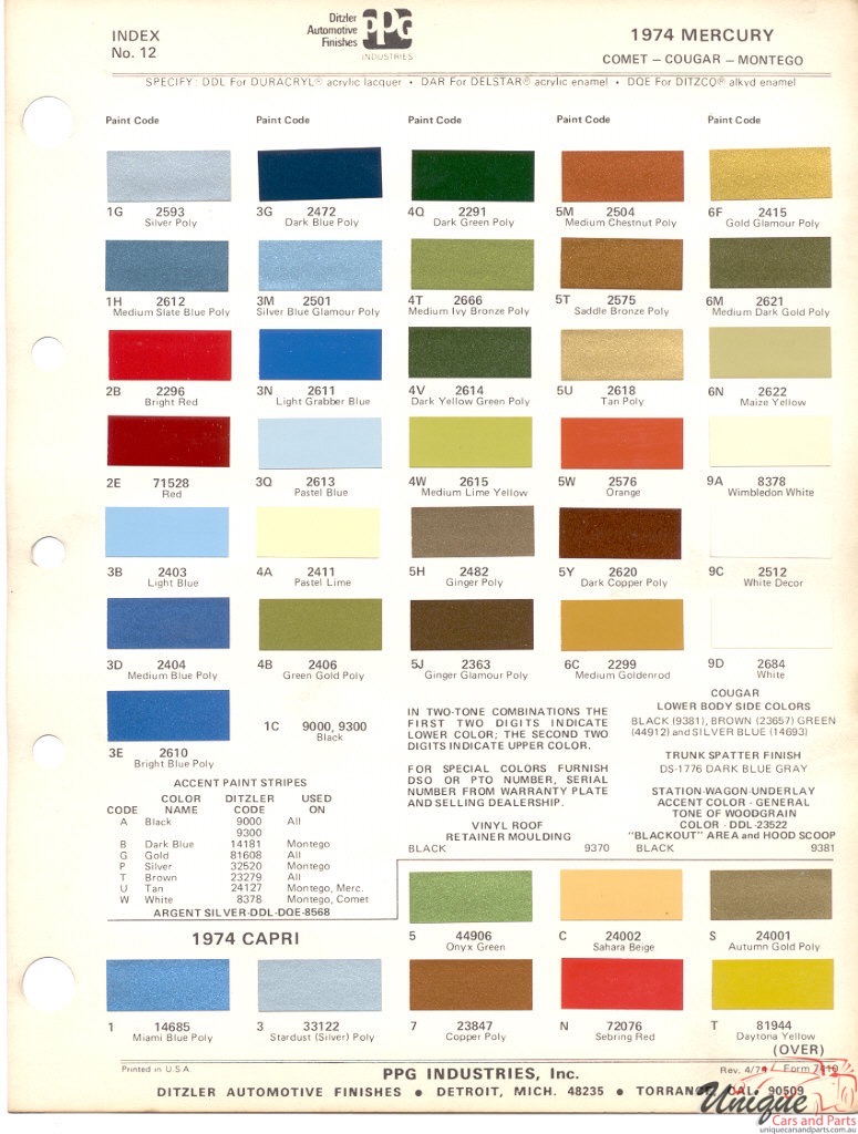 1974 Mercury Paint Charts Ford Paint Charts Capri Paint Charts PPG